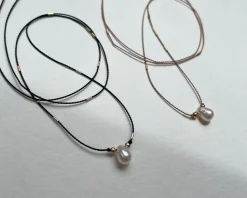 Cinq Droplet Necklace, Beige Silk Cord
