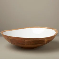 Extra Large Serving Bowl, Mango Wood and White Enamel