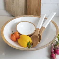 Extra Large Serving Bowl, Mango Wood and White Enamel
