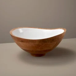 Large Serving Bowl, Mango Wood and White Enamel