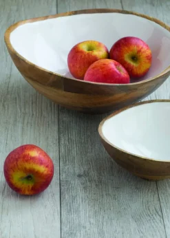 Large Serving Bowl, Mango Wood and White Enamel