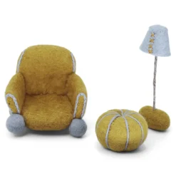 Miniature Felt Armchair, Lamp, and Pouf Set