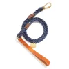 Standard Tan Leather Handle Rope Leash, Upcycled Blue Jean
