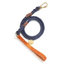 Standard Tan Leather Handle Rope Leash, Upcycled Blue Jean